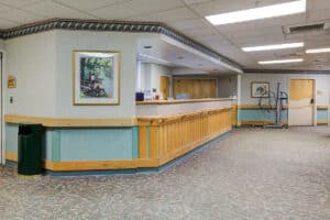 Reception desk with large hallway